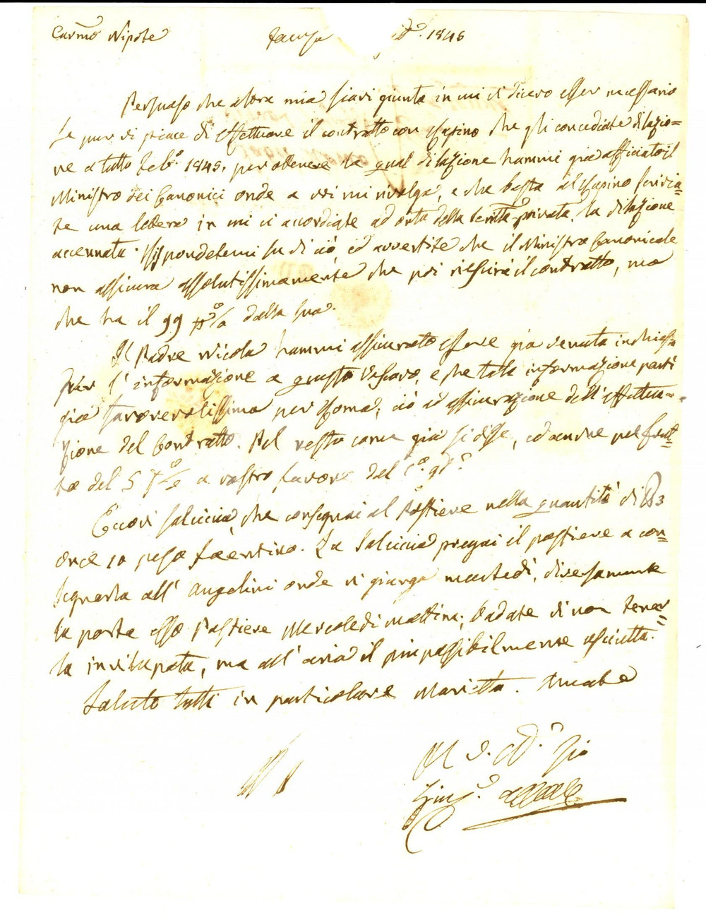Manoscritto, lettera originale 1846 FAENZA Conte Giuseppe AZZALLI assicura contratto con i frati domenicani 1