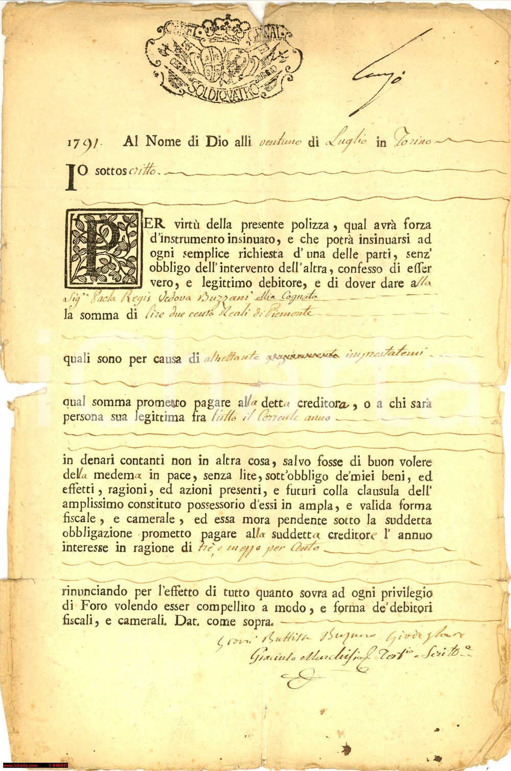 Documento originale, autentico 1791 TORINO Gian Battista BUZZANI debitore Paola REGIS 1