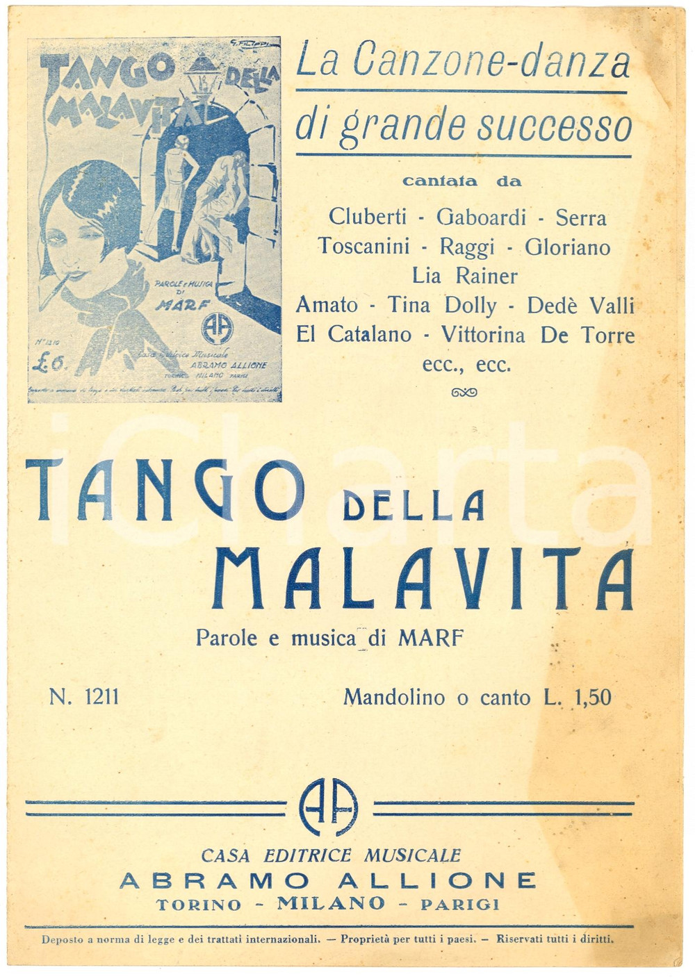 Oggetto da collezione cartaceo 1930 TANGO DELLA MALAVITA Musiche di MARF Spartito 1