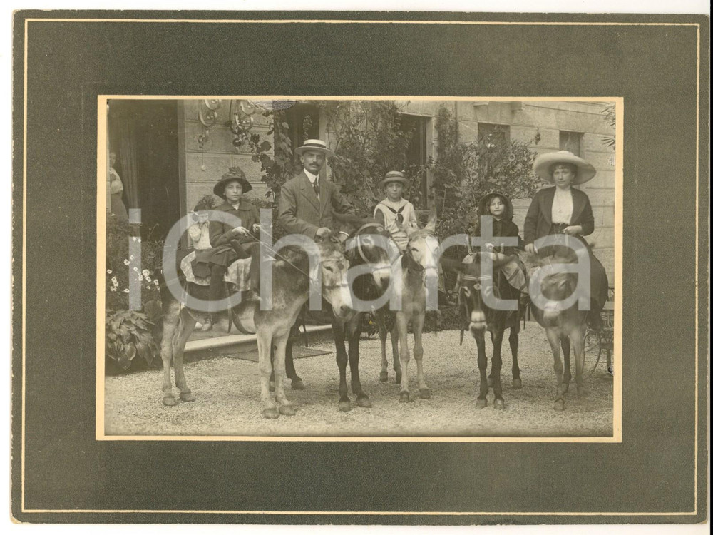 Fotografia d'epoca originale 1900 ca AREA LOMBARDA (?) Ritratto di famiglia sugli asinelli *Foto CURIOSA 1