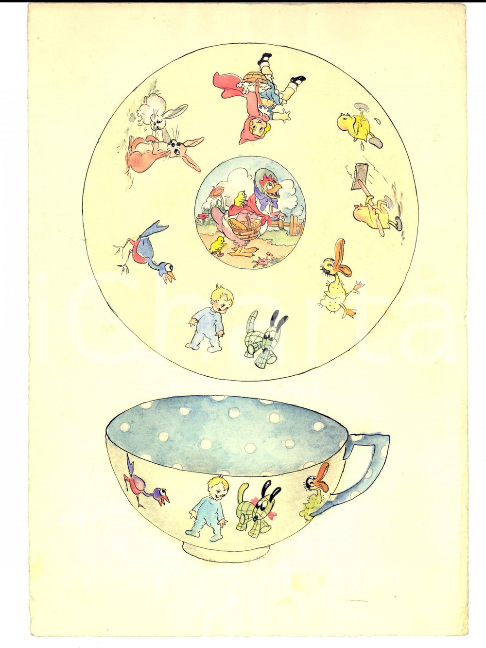 Stampa, bozzetto originale 1960 ca Tazza con piattino *Bozzetto ACQUERELLATO A MANO - Design INFANZIA 1
