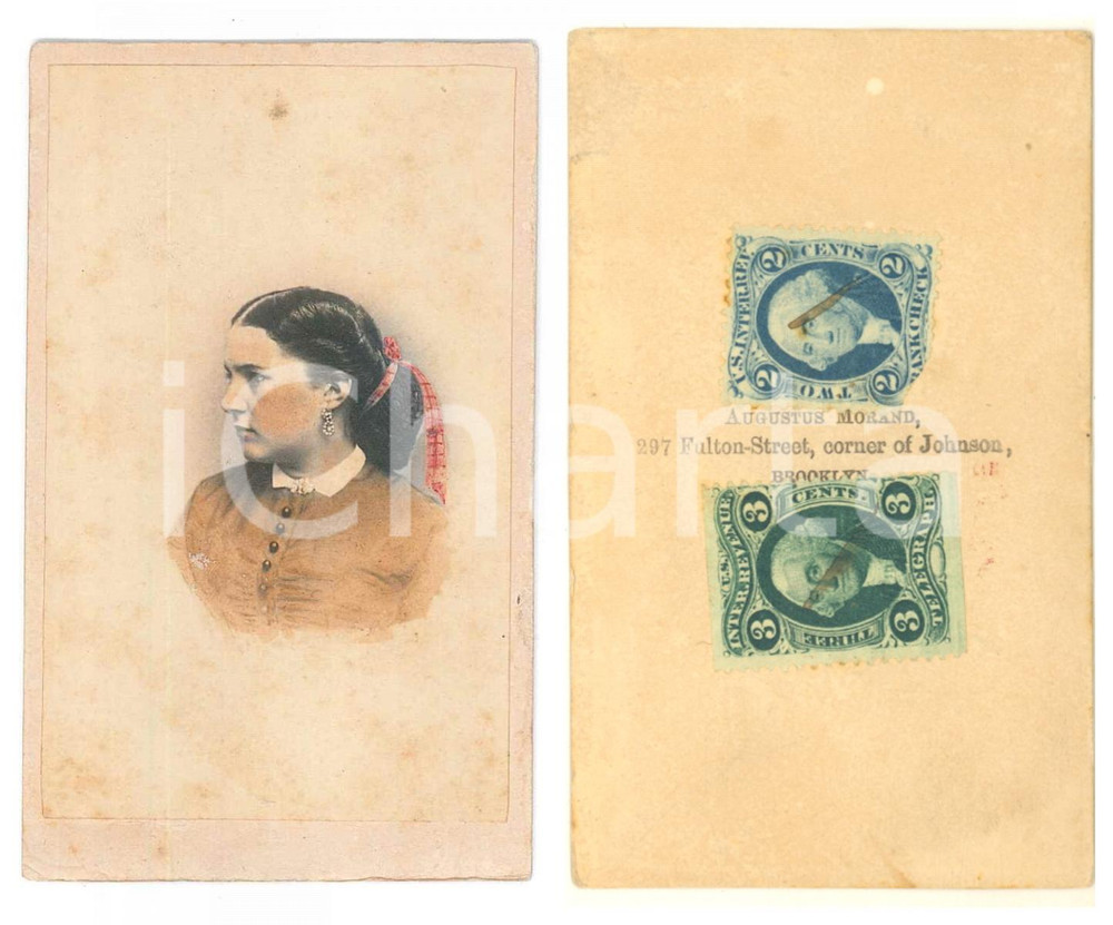 Fotografia d epoca originale 1865 ca NEW YORK / BROOKLYN Young lady Photo Augustus MORAND CDV 1
