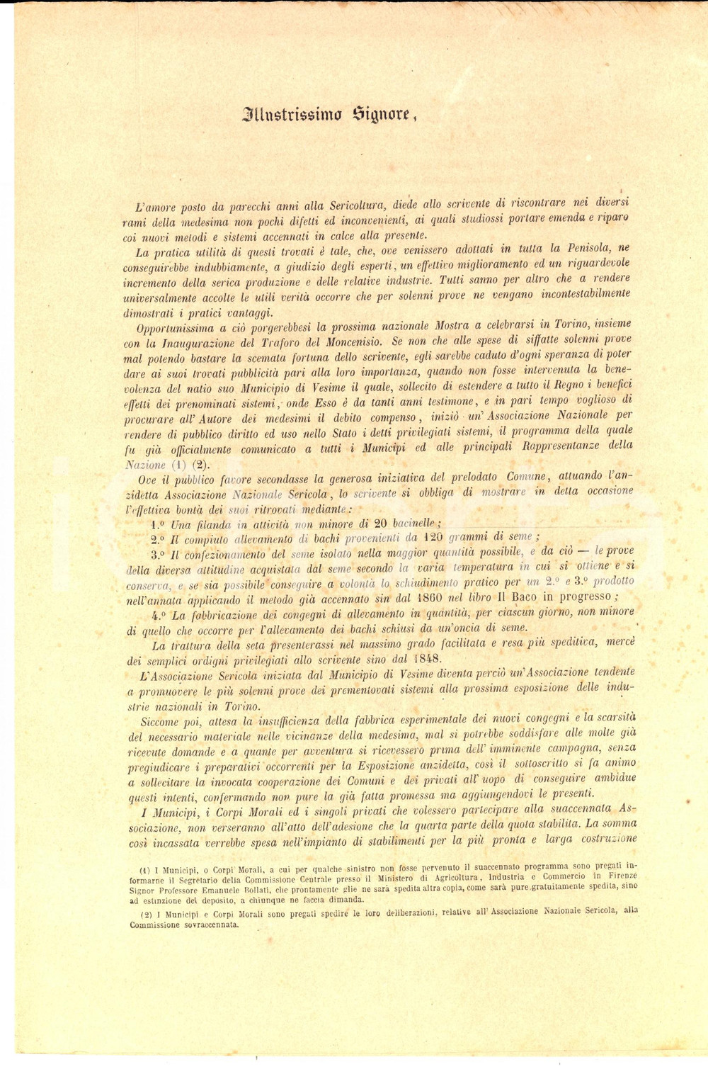 Documento originale, autentico 1870 VESIME (AT) Lettera pro Associazione Nazionale Sericola a mostra di Torino 1
