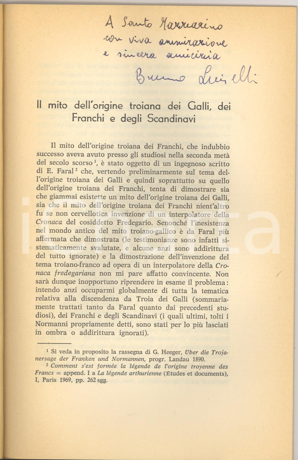Oggetto da collezione cartaceo 1978 Bruno LUISELLI Origine troiana dei GALLI Autografo 1