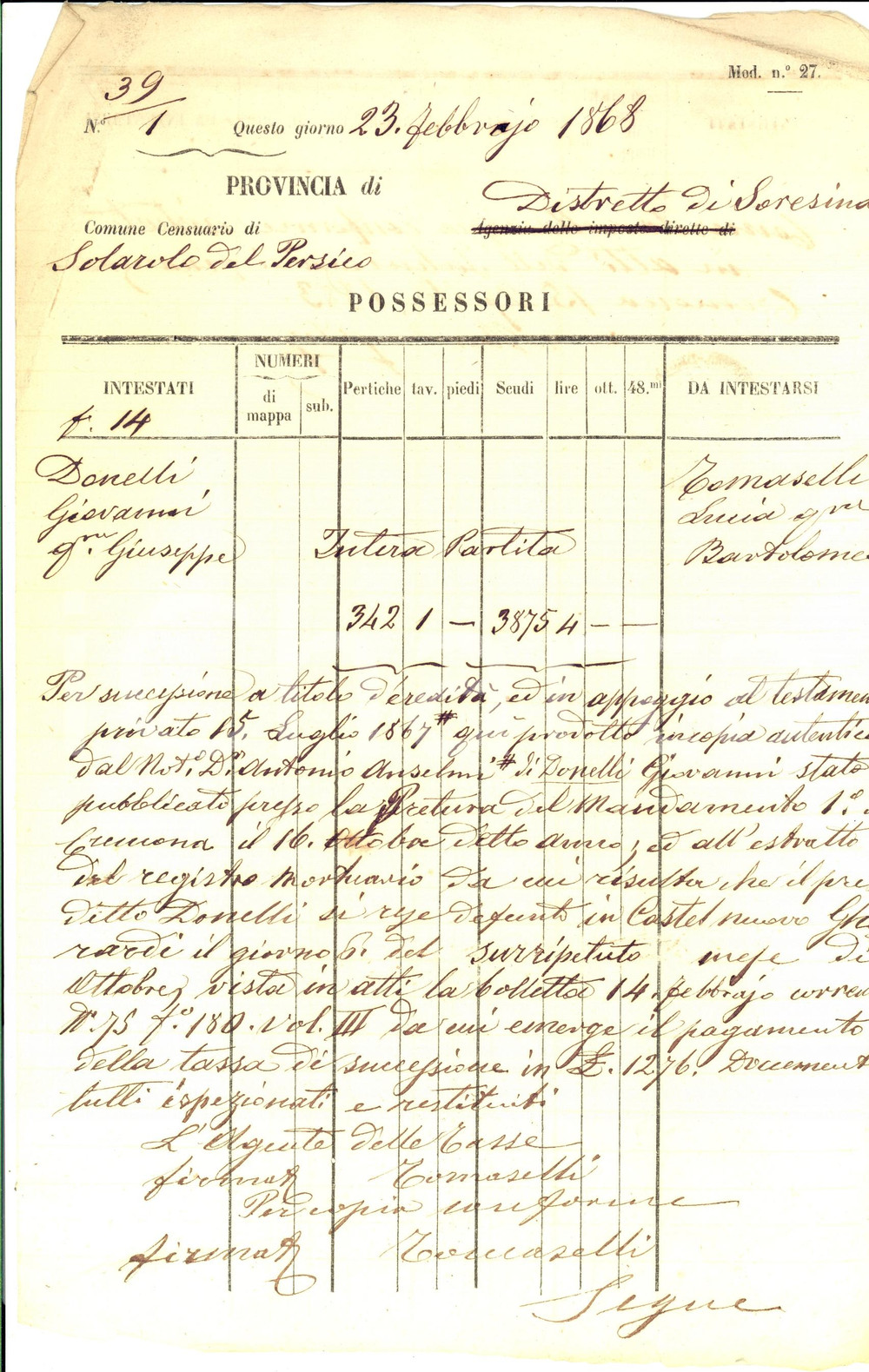 1868 SOLAROLO DEL PERSICO (CR) Fondi Lucia TOMASELLI da eredità Giovanni DONELLI