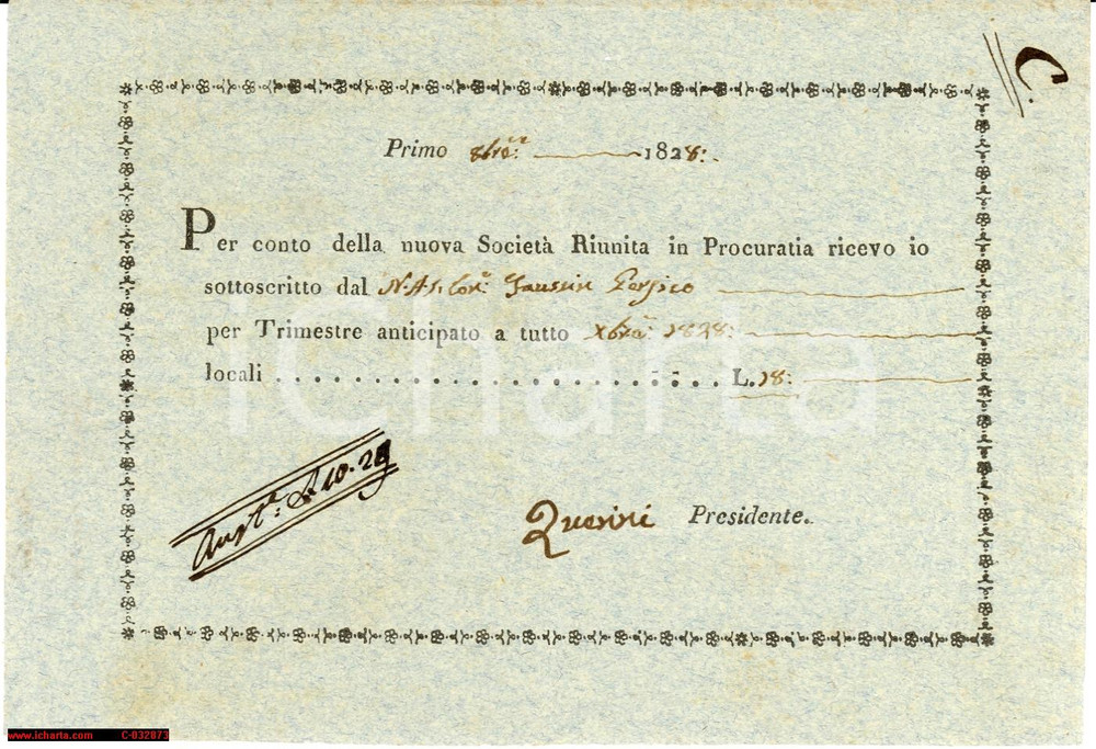 Documento originale, autentico 1818 VENEZIA Persico FAUSSIN paga quota a SocietÃ  Riunita in Procuratia 1