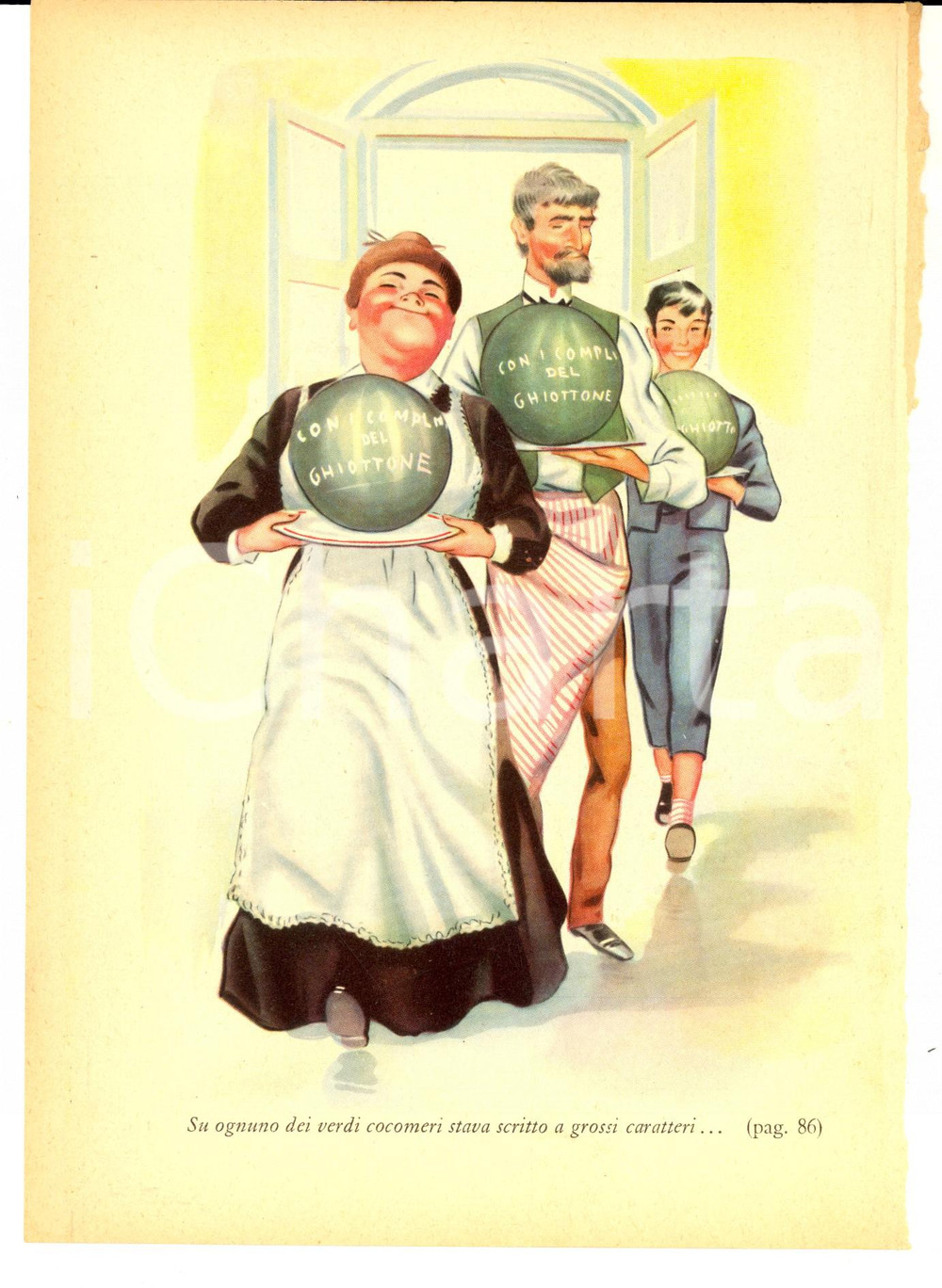 Stampa, bozzetto originale 1950 ca Ill. BONACINI  Complimenti del ghiottone Stampa da romanzo 16x23 1