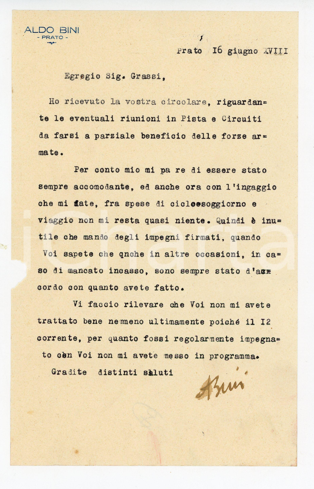 Autografo originale 1940 CICLISMO PRATO Lettera Aldo BINI sulle gare pro forze armate  AUTOGRAFO 1