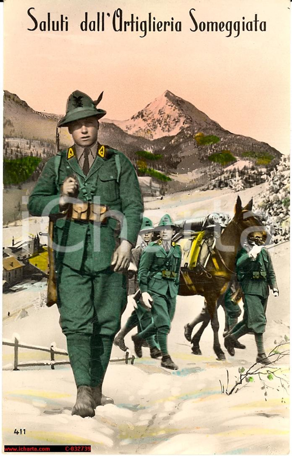 Cartolina originale da collezione 1939 Alpini Artiglieria Someggiata aggiunta colore 1