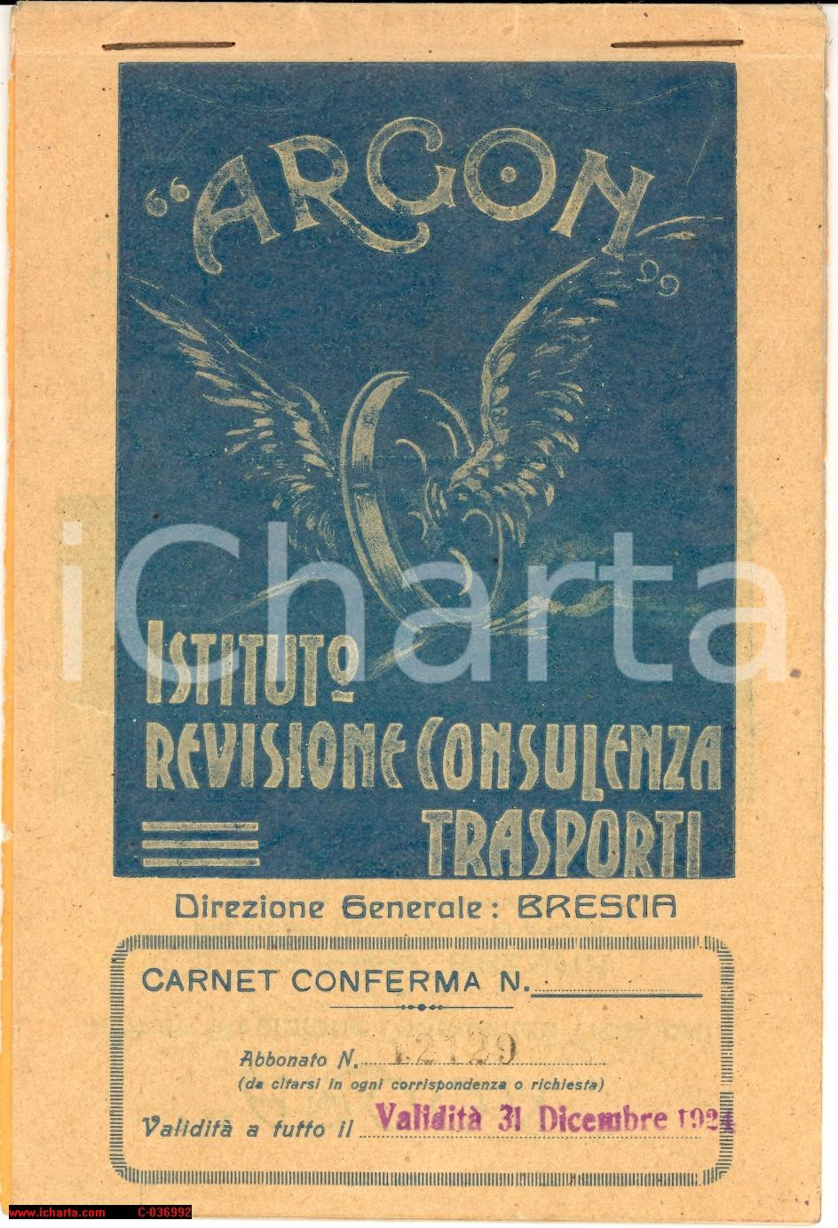 Materiale pubblicitario d’epoca 1924 BRESCIA ARGON Istituto Revisione Trasporti Blocchettario cedole 1