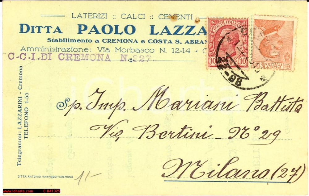 Cartolina originale da collezione 1926 CREMONA Ditta Paolo LAZZARINI Laterizi Calci Cartolina 1