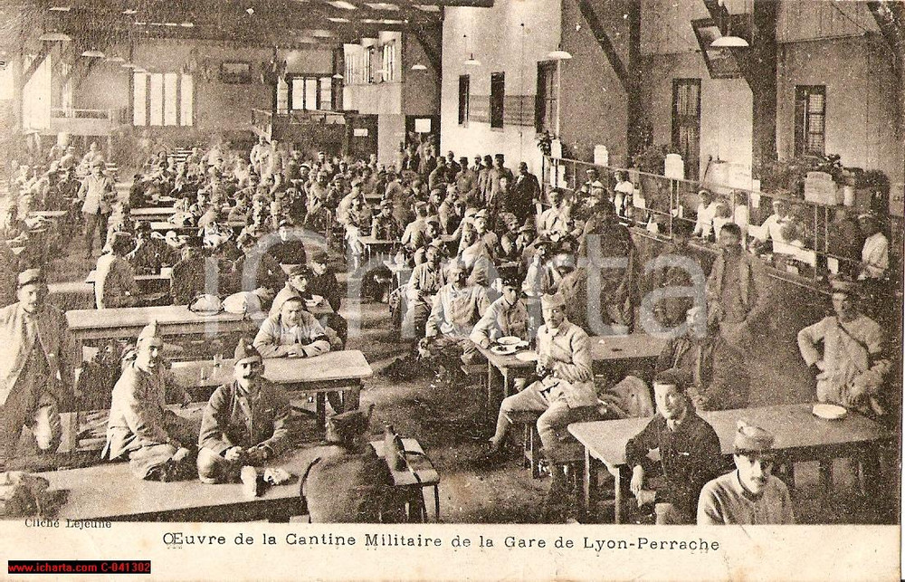 Cartolina originale da collezione 1915 LIONE Cantine militaire GARE PERRACHE stazione FP 1