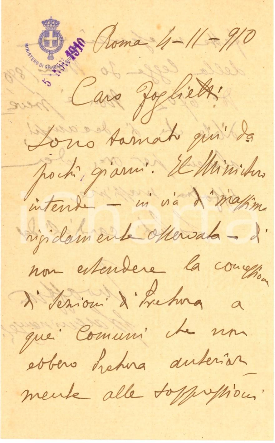 Autografo originale 1910 ROMA Giocondo PASQUINANGELI su riforma Preture *Lettera AUTOGRAFA 1