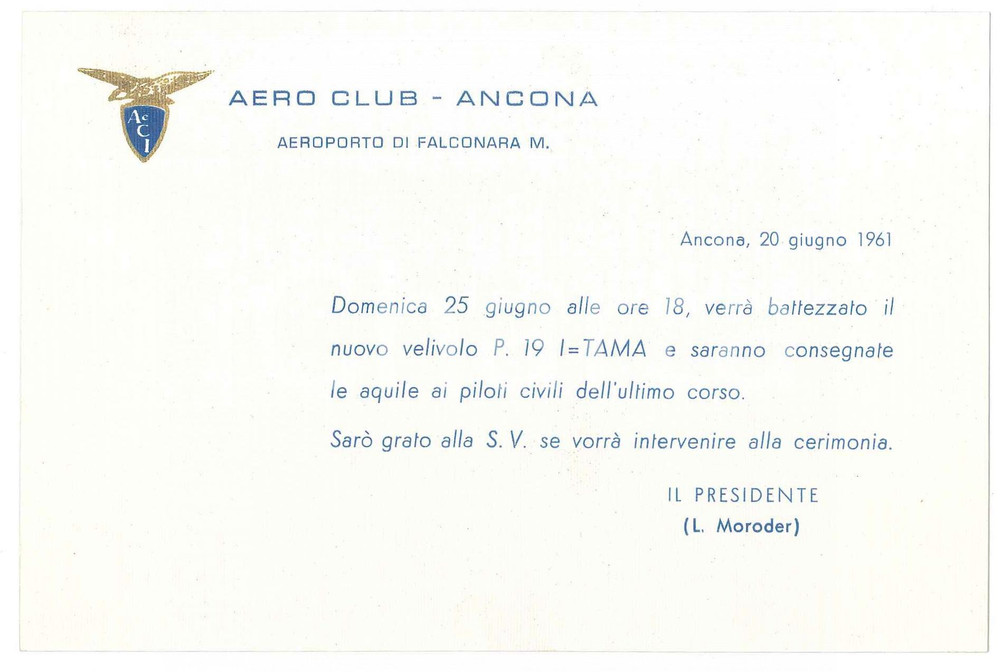 Oggetto da collezione cartaceo 1961 Aero Club ANCONA  Aeroporto FALCONARA Invito battesimo P. 19 I=TAMA 1