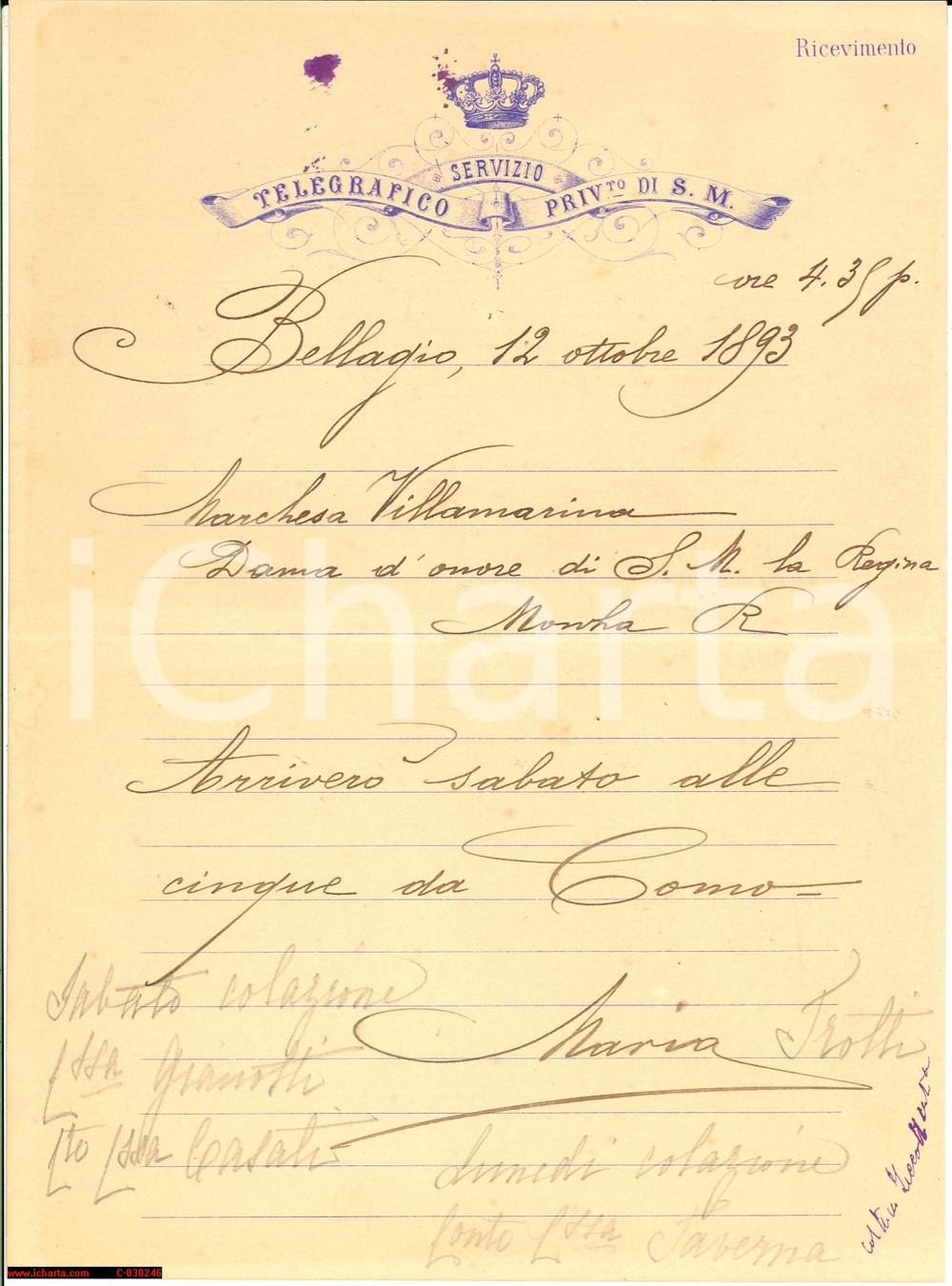 Autografo originale 1893 BELLAGIO  marchesa di VILLAMARINA Serv. Telegrafico Privato di Sua Maestà 1