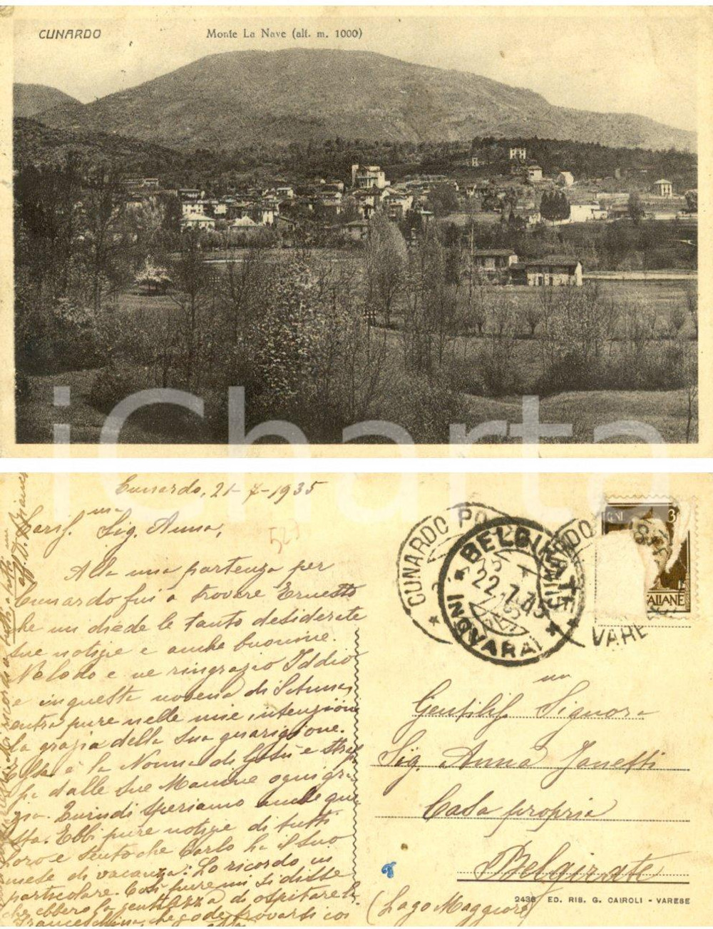 Cartolina originale da collezione 1935 CUNARDO (VA) Veduta con monte LA NAVE *Cartolina D. BIANCHI ad Anna JANETTI 1