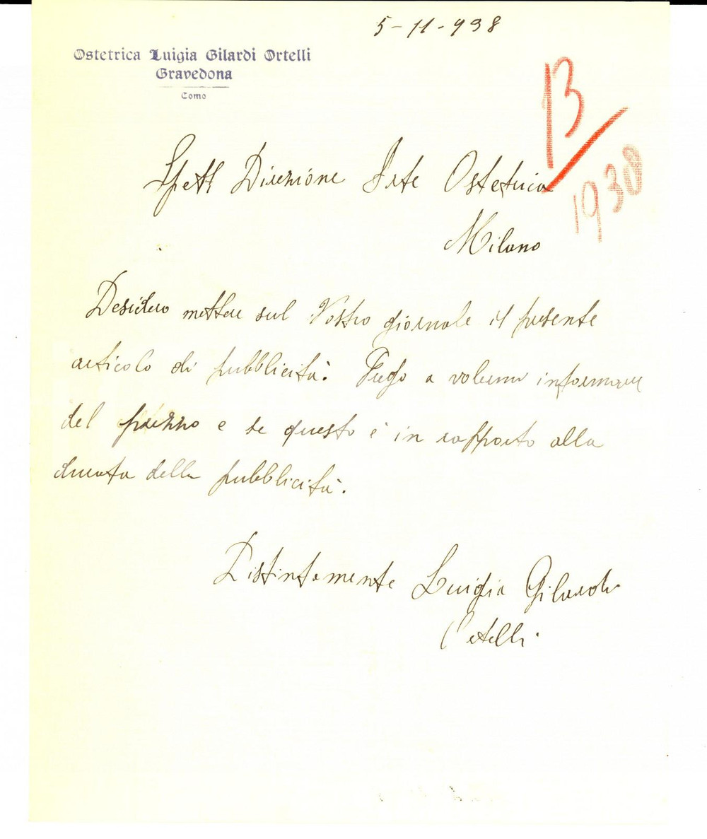 Manoscritto, lettera originale 1938 GRAVEDONA Ostetrica Luigia GILARDI ORTELLI scrive articolo pubblicitario 1