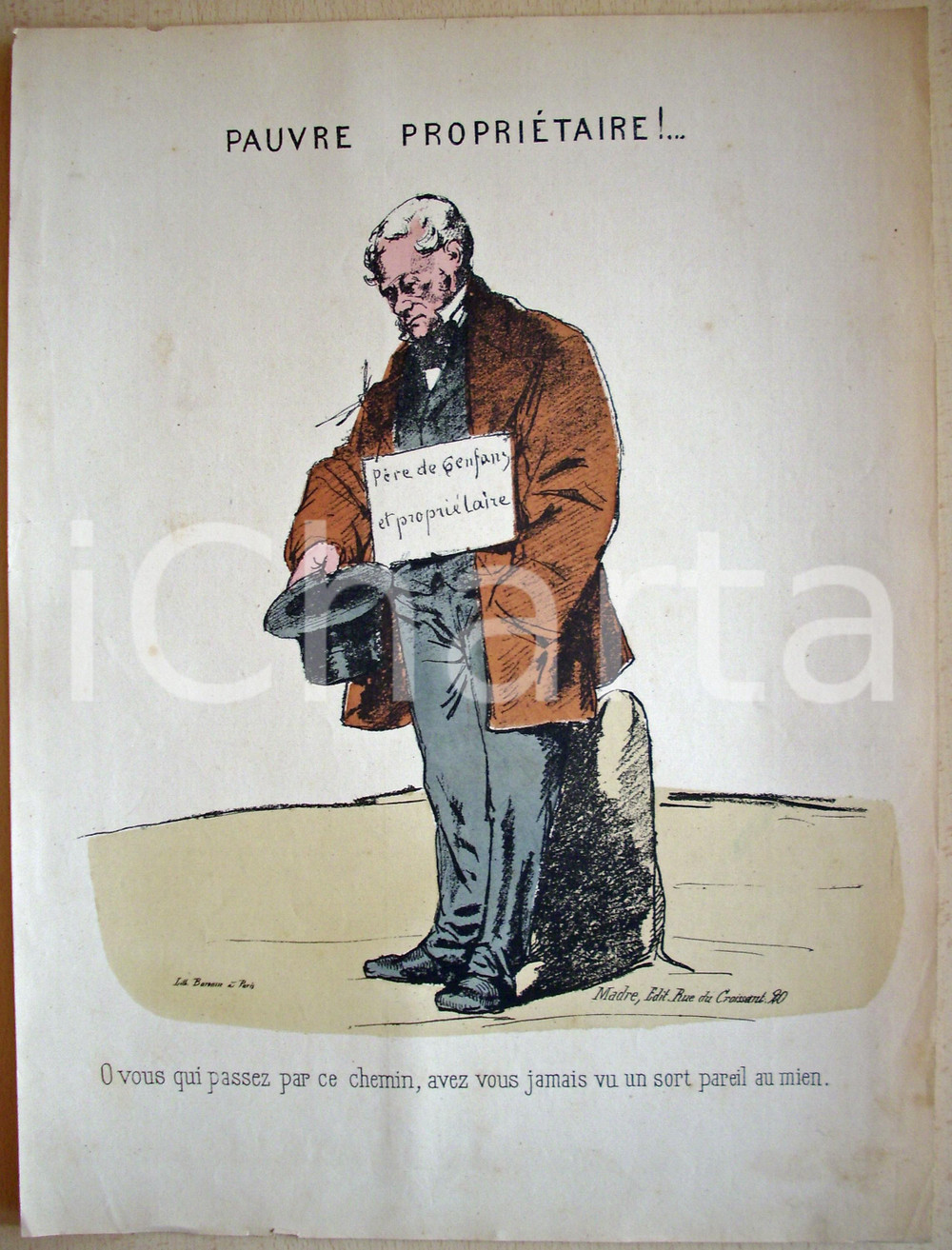 Stampa, bozzetto originale 1871 Caricatura PAUVRE PROPRIETAIRE Ricco sul lastrico 1