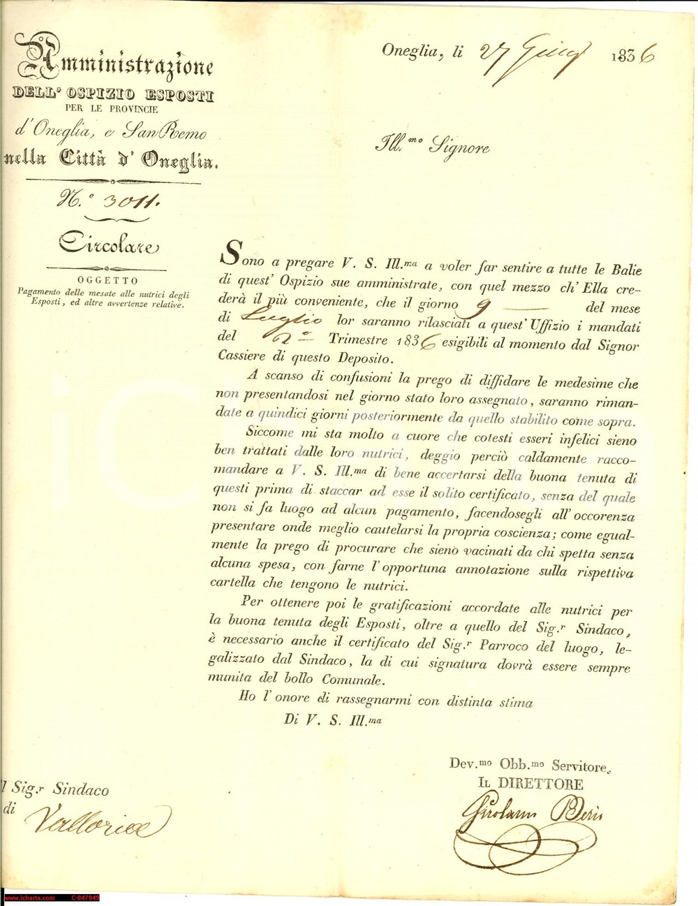 Documento originale, autentico 1836 ONEGLIA (IM) Compensi alle nutrici Ospizio ESPOSTI 1