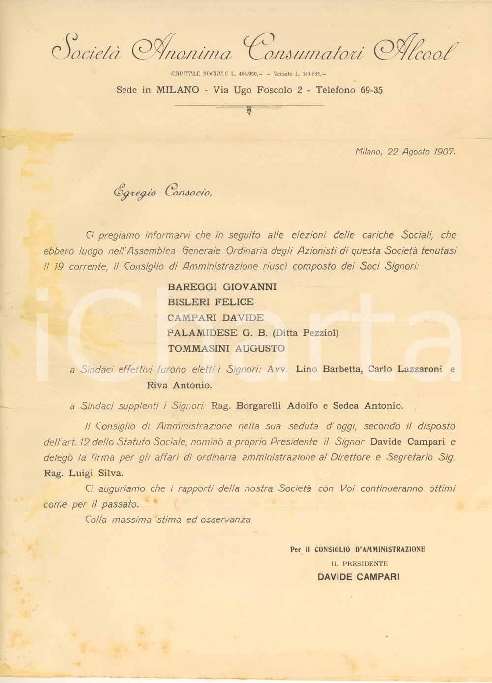 Documento originale, autentico 1907 MILANO SocietÃ  Anonima Consumatori ALCOOL - Davide CAMPARI Presidente 1