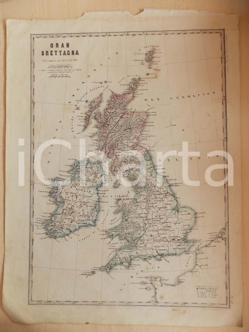 Stampa, bozzetto originale 1880 ca MALFATTI  CARABELLI Atlante Geografico  Gran Bretagna Tav. 19 1