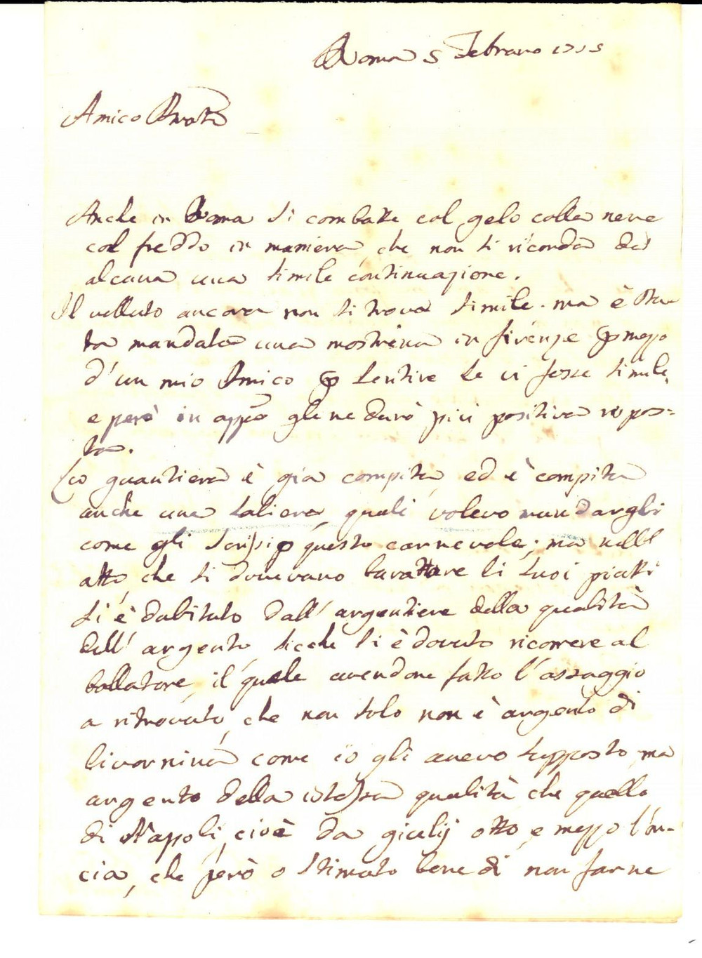 Manoscritto, lettera originale 1775 ROMA Nicola PELLEGRINI scopre la truffa di un argentiere Lettera 1