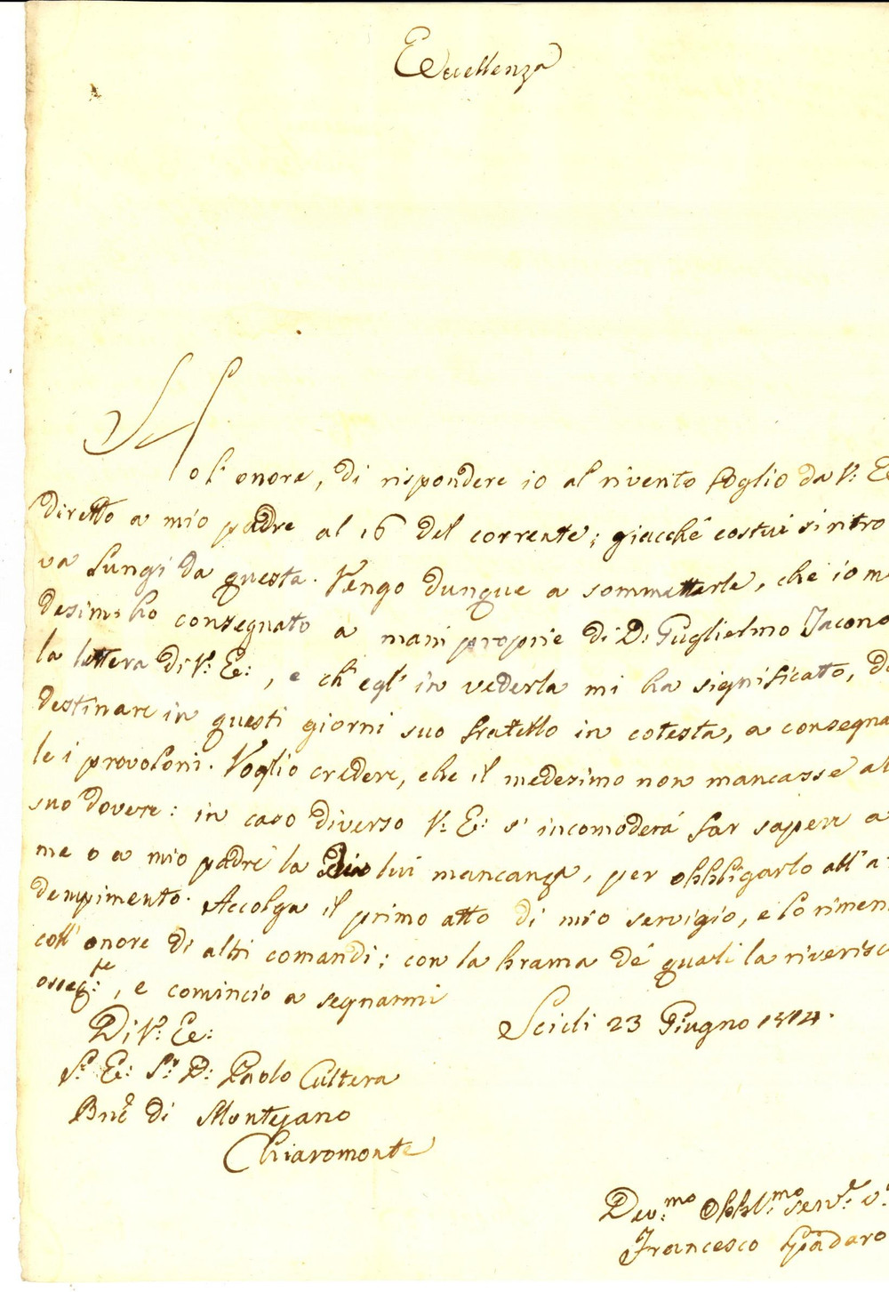 Manoscritto, lettera originale 1814 SCICLI RG Francesco SPADARO promette un invio di provoloni Lettera 1