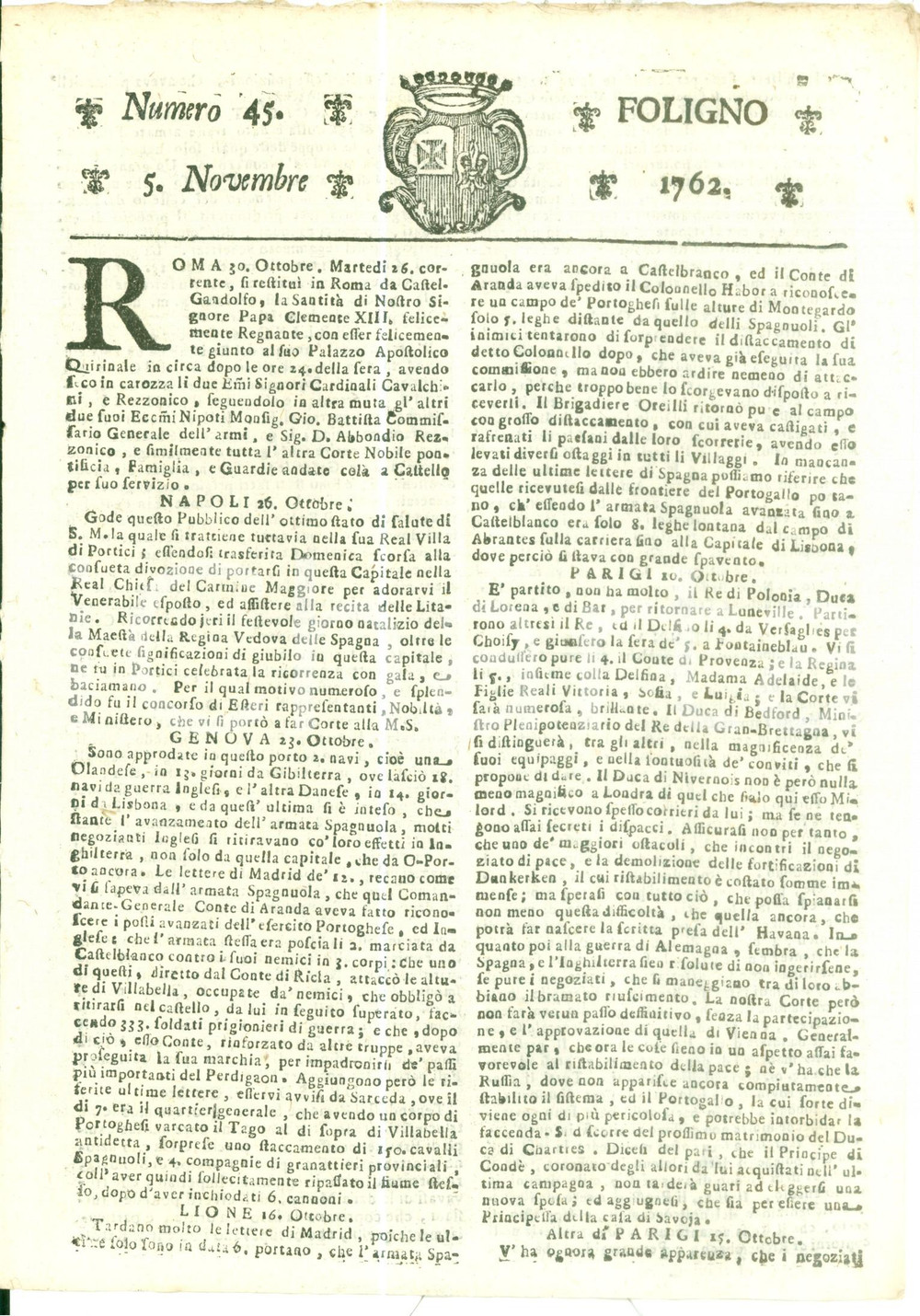 Giornale, rivista storica 1762 GIORNALE DI FOLIGNO n. 45 Demolire fortificazioni di DUNKERQUE per la pace 1
