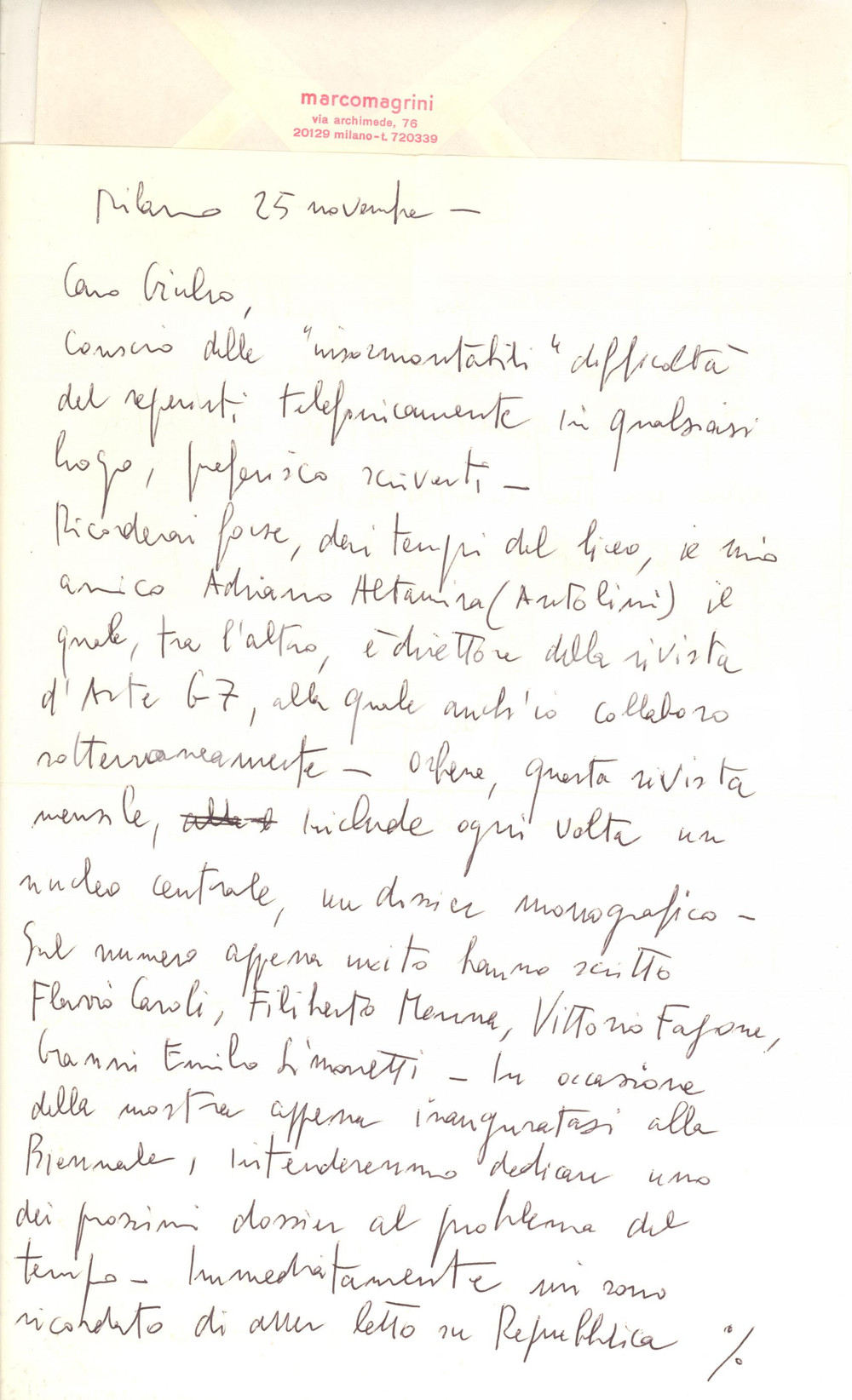 Autografo originale 1980 MILANO Lettera artista Marco MAGRINI per pubblicazione  AUTOGRAFO 1
