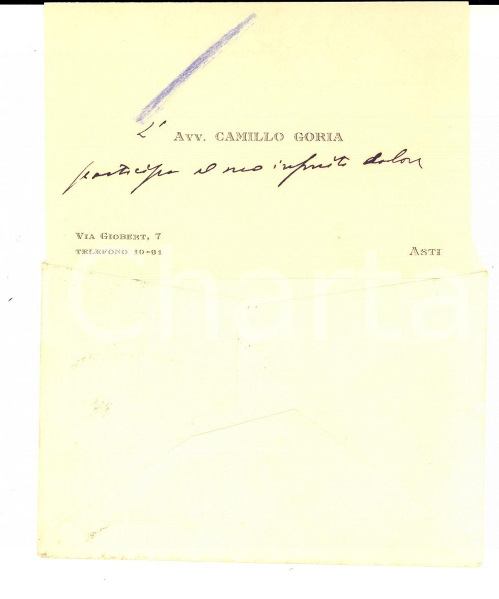 Autografo originale 1934 ASTI  Biglietto da visita dell'avv. Camillo GORIA *Autografo - Busta 1