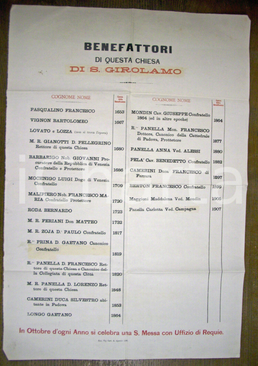 Documento originale, autentico 1906 ESTE (PD) Benefattori chiesa S. GIROLAMO Manifesto 1