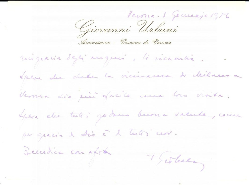 Autografo originale 1956 VERONA Mons. Giovanni URBANI Auguri per nuovo anno Autografo 1