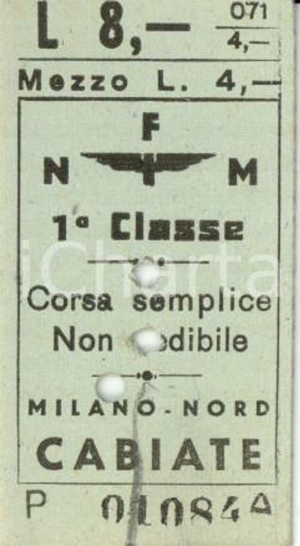 Oggetto da collezione cartaceo 1950 FERROVIE NORD MILANO - CABIATE Biglietto ferroviario di prima classe 1