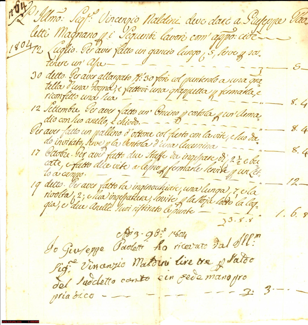 Documento originale, autentico 1804 FIRENZE Conto del magnano Giuseppe PAOLETTI 1