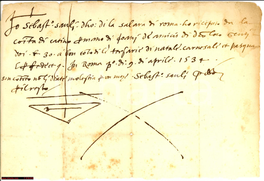 Manoscritto, lettera originale 1534 POGGIO CATINO (RI) Ricevuta Sebastiano SAULI feste 1