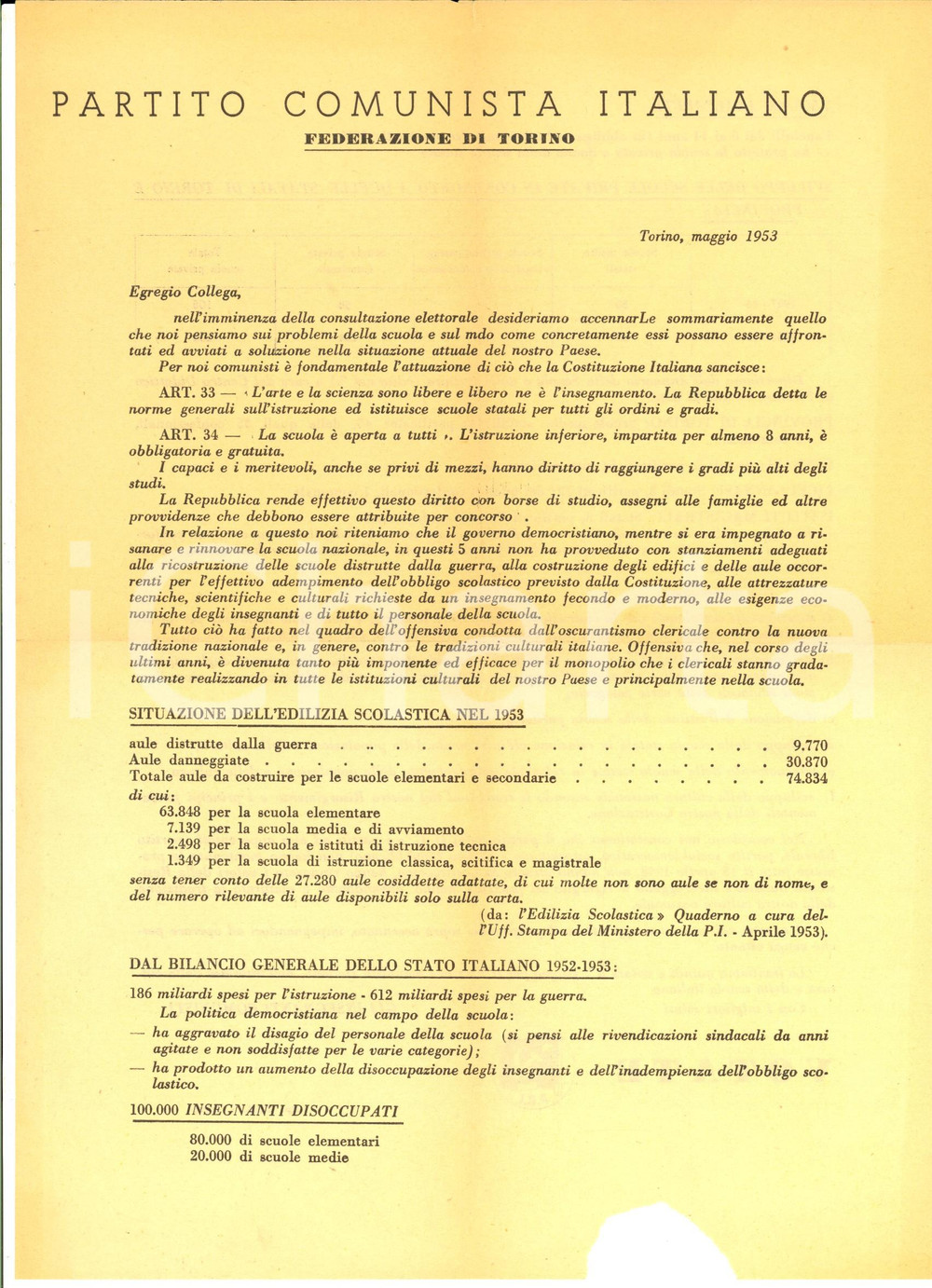 Materiale pubblicitario d’epoca 1953 TORINO PARTITO COMUNISTA ITALIANO Il pensiero sulla scuola DANNEGGIATO 1
