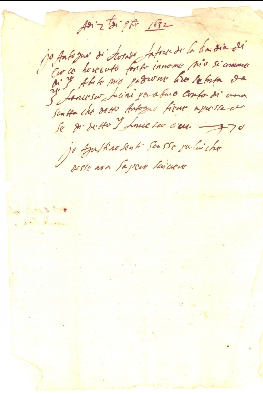Documento originale, autentico 1632 AREZZO Ricevuta di Antonio LATORRE per conto dell abate di un convento 1