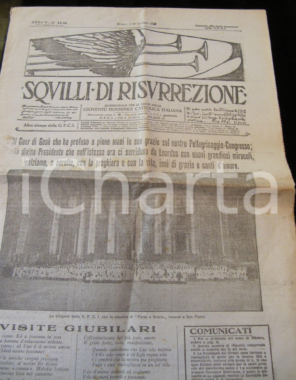 Giornale, rivista storica 1925 SQUILLI DI RISURREZIONE Congresso GFCI Gioventù Femminile Cattolica 1