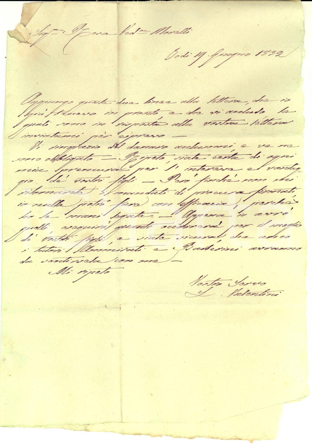 Manoscritto, lettera originale 1852 RODI GARGANICO FG Lettera VALENTINI pro vedova Rosa MORELLI e orfani 1