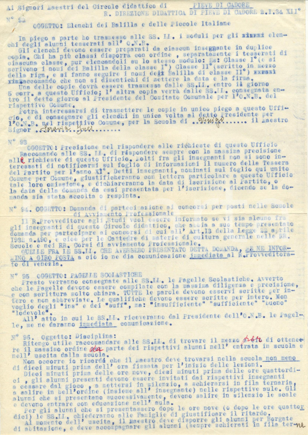 Documento originale, autentico 1934 PIEVE DI CADORE (BL) Elenchi e disciplina Balilla e Piccole Italiane 1