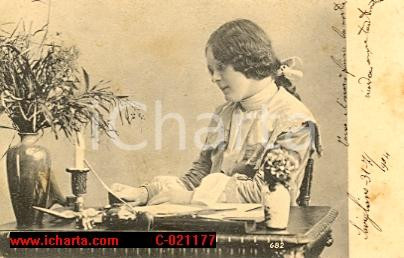Cartolina originale da collezione 1904 Donna scrive lettera d'amore *Cartolina postale FP VG 1