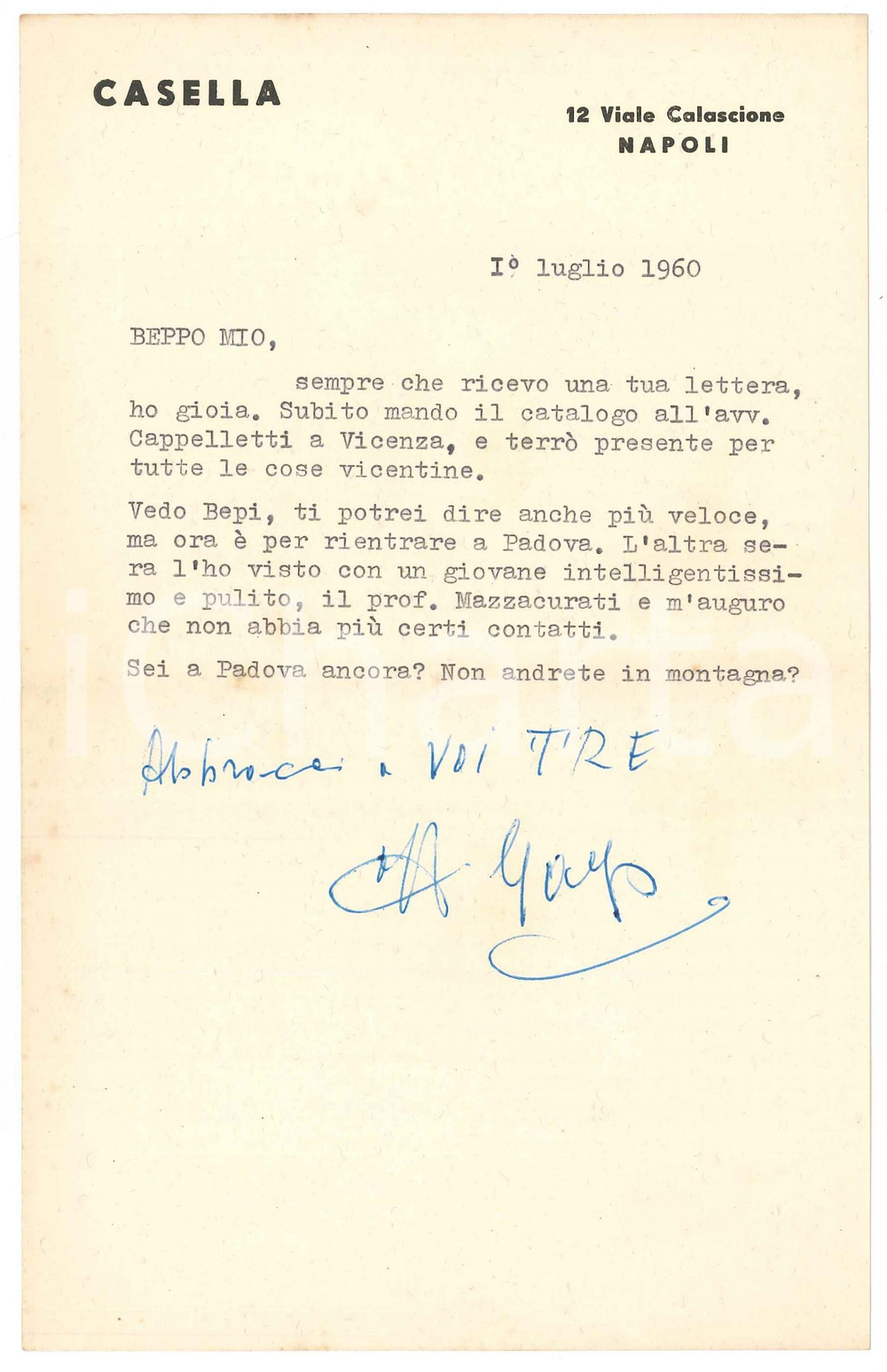 Autografo originale 1960 NAPOLI Lettera Gaspare CASELLA per l invio di un catalogo Autografo 1