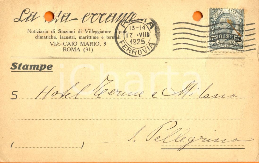 Cartolina originale da collezione 1925 ROMA Notiziario LA VITA ERRANTE villeggiature alpine  lacustri Cartolina 1