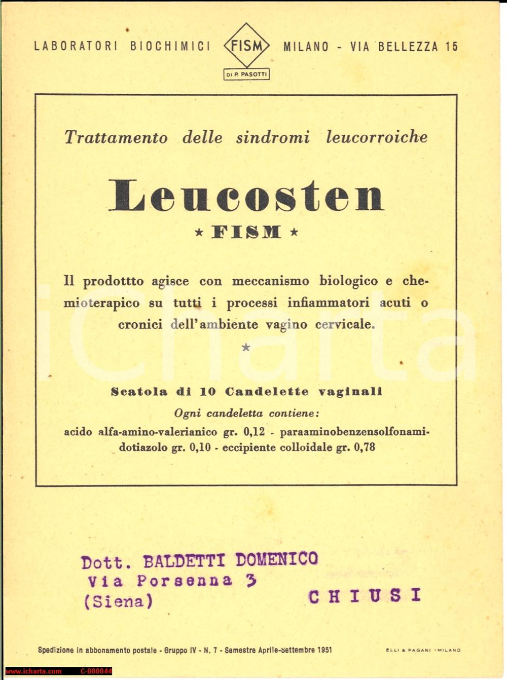 Materiale pubblicitario d’epoca 1951 MILANO PubblicitÃ  FISM Candelette LEUCOSTEN 1