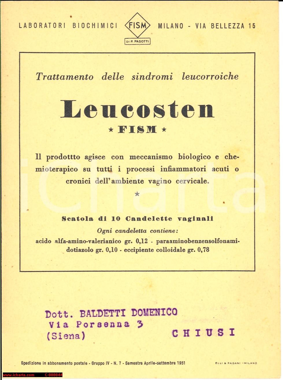 Materiale pubblicitario d’epoca 1951 MILANO Via Bellezza 15  Laboratori chimici  FISM  Pubblicità 1
