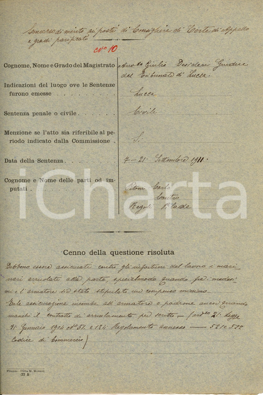 Documento originale, autentico 1912 LUCCA Assicurazione infortuni MARINAI Carlo PITONI 1