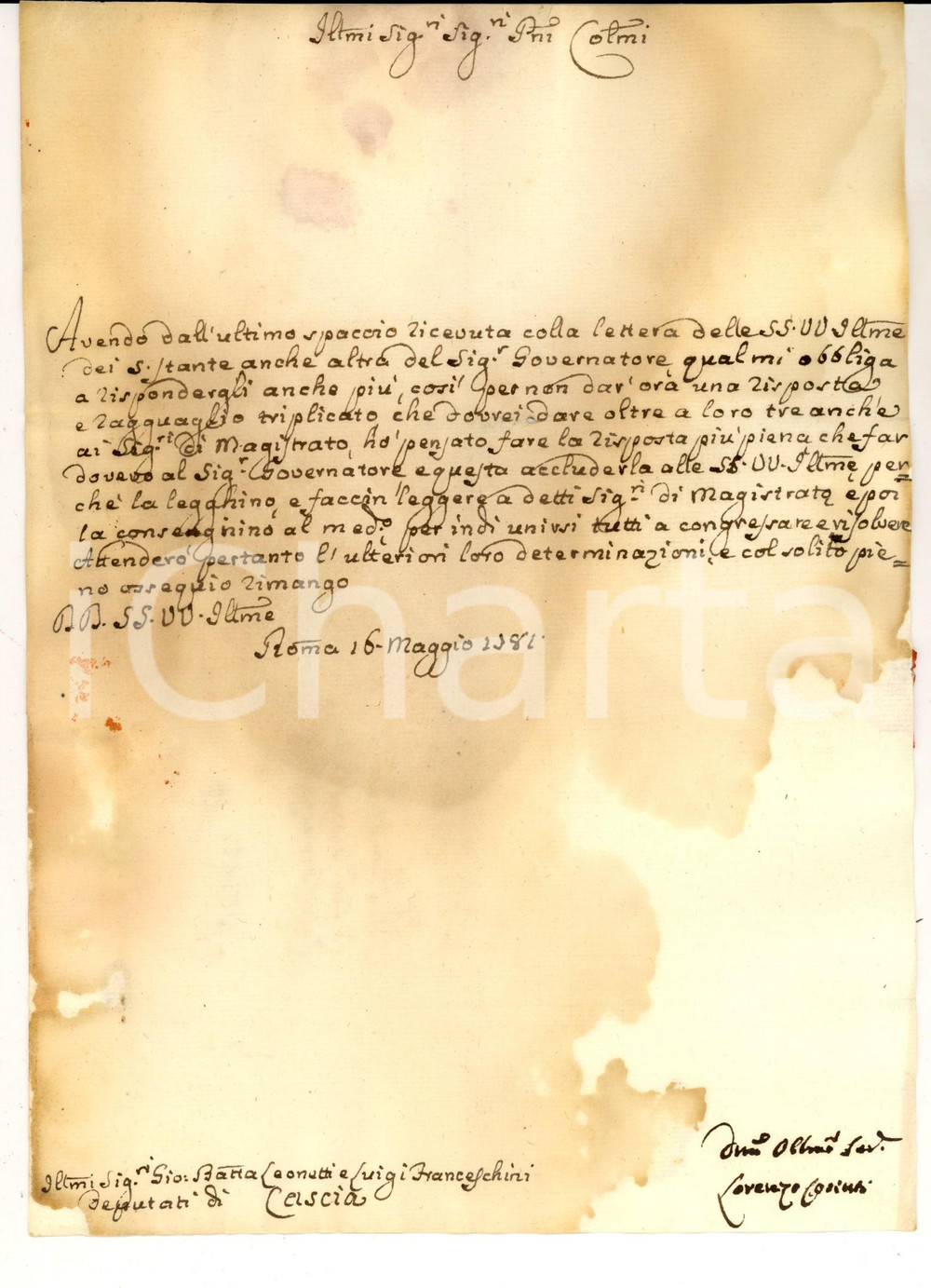 Manoscritto, lettera originale 1781 ROMA Lorenzo CORINTI prepara risposta per il Governatore Lettera 1