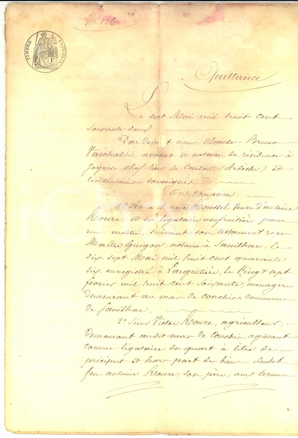 Documento originale, autentico 1869 ROSIERES France Succession propriÃ©taire Joseph ROURE Manuscrit 1