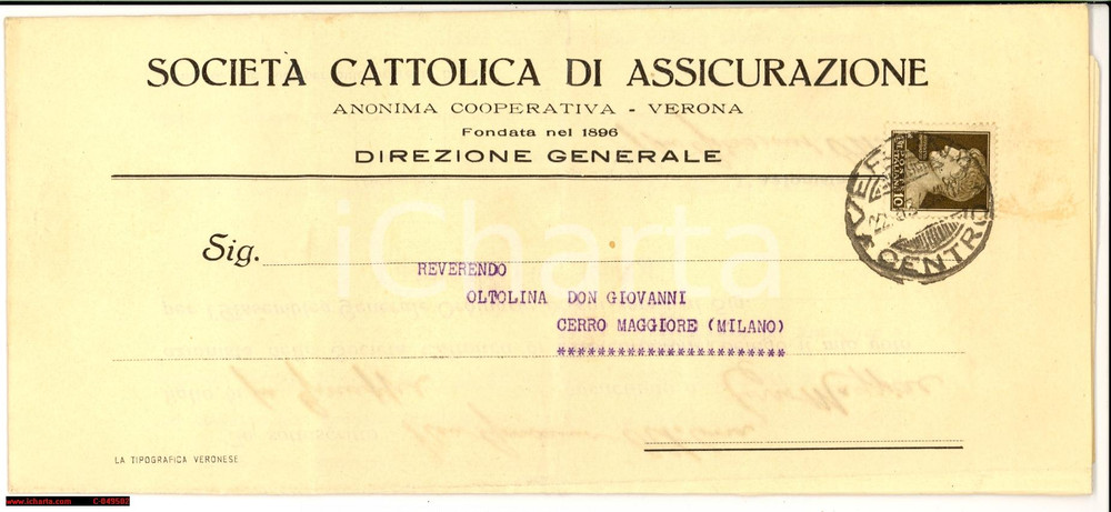 Documento originale, autentico 1934 VERONA Soc. CATTOLICA Assicurazione a don OLTOLINA 1