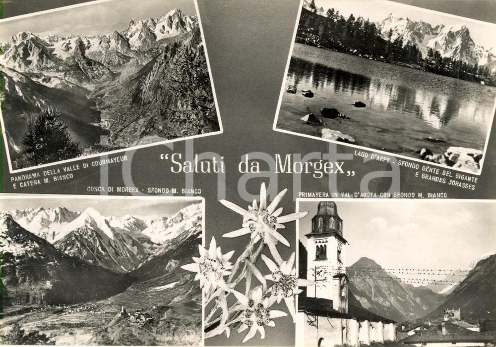 Cartolina originale da collezione 1956 MORGEX (AO) Vedutine valle di COURMAYEUR, catena monte BIANCO e lago d'ARPY 1